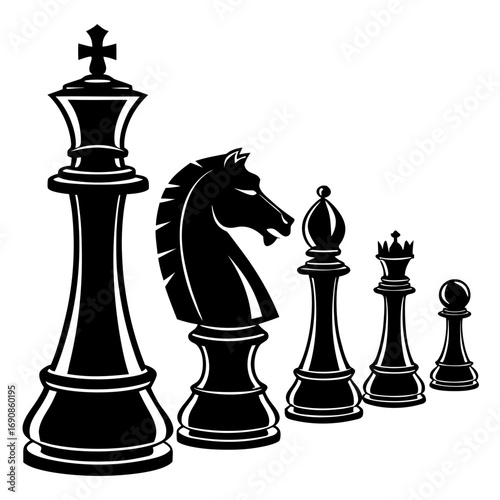 A collection of classic black chess pieces including the king knight bishop queen and pawn arranged in a line against a white background symbolizing strategy and intellect
