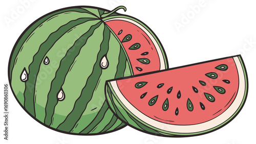 Illustration of a whole watermelon and a slice of watermelon with seeds.
