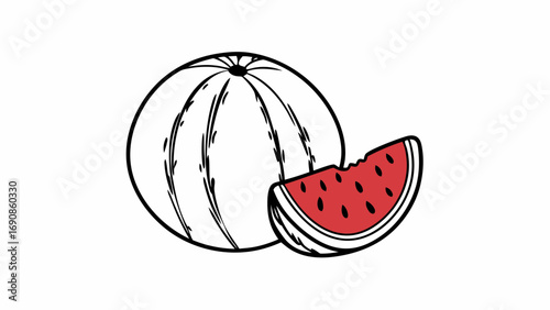 Illustration of a whole watermelon and a slice with red flesh and black seeds.