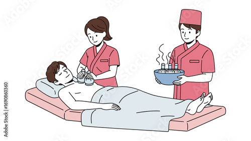 Medical professionals administer a cooling therapy treatment to a patient lying down on a medical bed with ice packs
