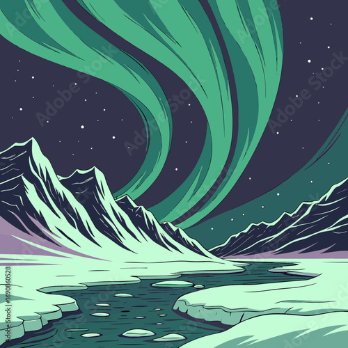 Aurora borealis over snowy mountains and icy river.