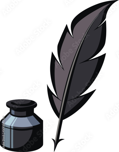 Gothic Victorian Halloween Elegance Quill Pen and Inkwell Illustration