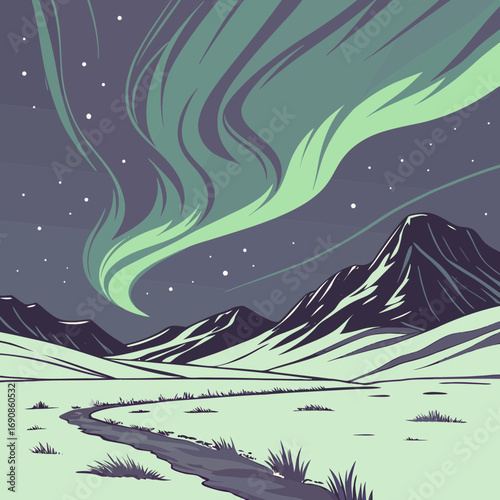Stylized illustration of the aurora borealis over a snowy landscape with mountains.