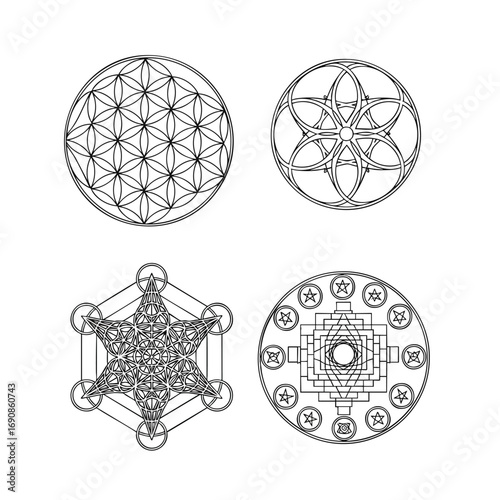 Collection of four sacred geometry symbols Flower of Life Seed of Life Metatrons Cube and Sri Yantra.
