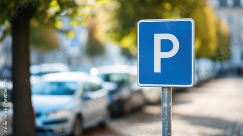 A blue parking sign with a white 