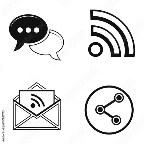 Four distinct black and white vector icons representing communication and connectivity chat bubbles wi fi signal email with wi fi and a share icon perfect for digital media and web design