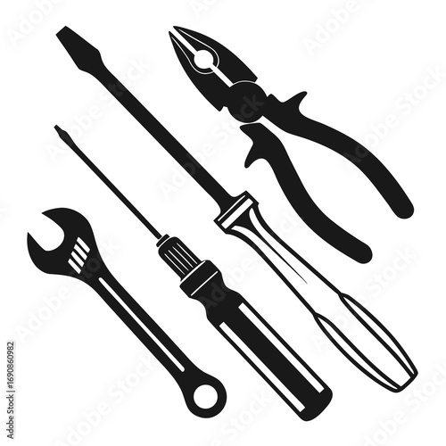 A collection of essential hand tools including pliers and various screwdrivers and a wrench presented as black silhouettes on a clean white background for easy integration into designs