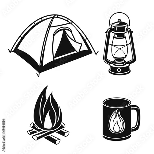 A collection of camping icons including a tent a kerosene lantern a campfire and a mug with a flame symbol perfect for outdoor adventure and survival themes