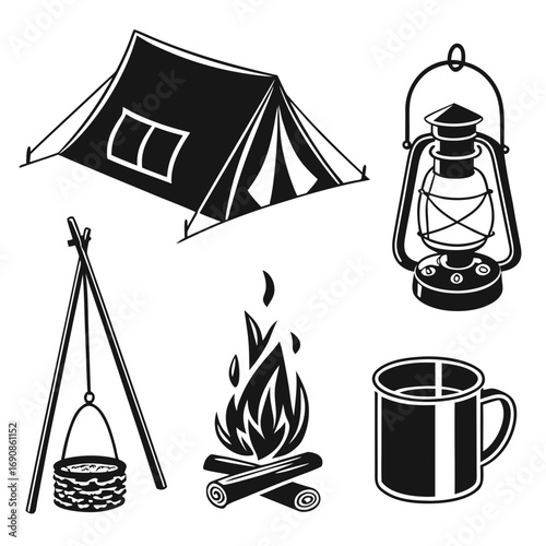 Collection of camping icons including a tent lantern campfire cooking pot on a tripod and a mug perfect for outdoor adventure and travel themes