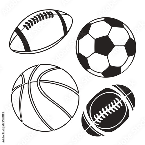 Collection of four distinct sports balls including a soccer ball basketball american football and rugby ball presented as simple black and white line art illustrations on a white background