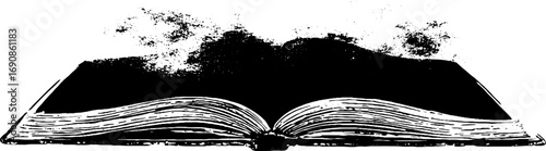 Grunge black and white open book illustration with ink spatter design for vintage urban art