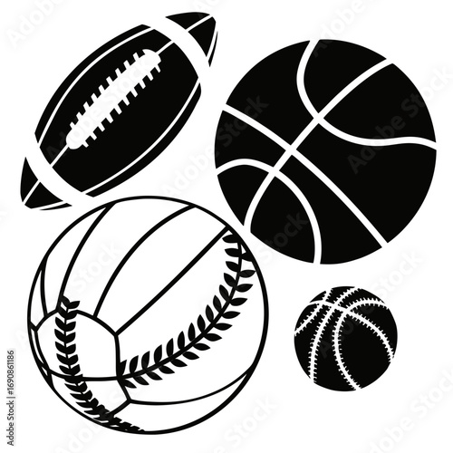 A collection of stylized black and white graphic illustrations of four different sports balls including a football a basketball a baseball and a smaller basketball on a white background