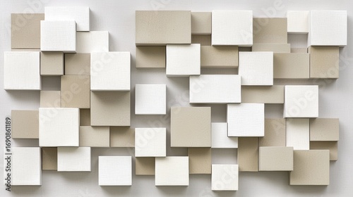 A geometric art piece composed of white squares and rectangles arranged in a complex pattern.