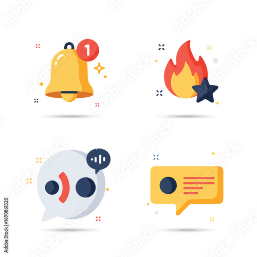 Flat Vector Isolated Icons for Notifications and Alerts: Bell Spark, Alert Flame Star, Ping Wave, and Reminder Badge for UI/UX Design