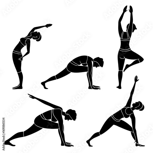 Collection of five black silhouettes of women performing various yoga poses including standing poses and lunges on a white background for fitness and wellness concepts