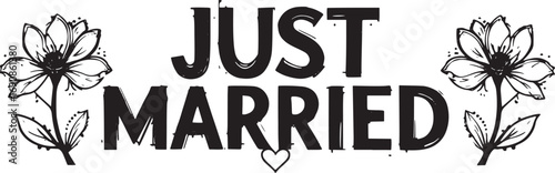 "Just Married Text with Flowers | Wedding Line Art Illustration for Cards and Invitations"