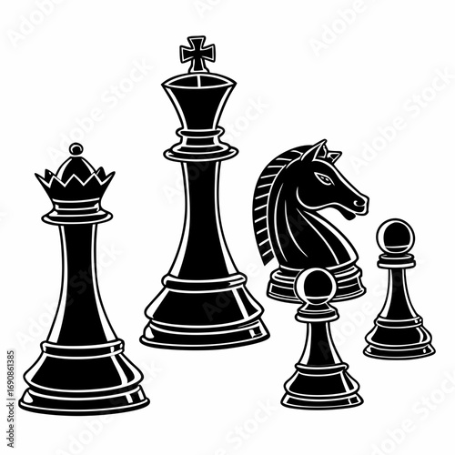 A striking black and white illustration featuring iconic chess pieces including the king queen knight and pawns arranged against a clean white background for a classic and elegant presentation