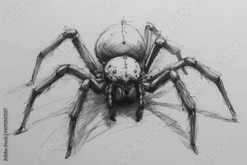 Detailed pencil drawing of a spider with eight legs and a round body.