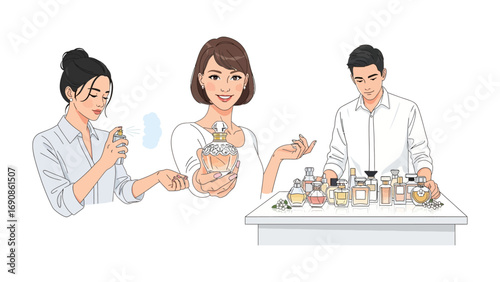 Diverse group of people experimenting with and selecting various perfume bottles and fragrances in a creative laboratory or studio setting