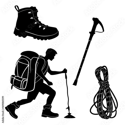 Silhouette of a hiker with a backpack using a trekking pole next to a hiking boot a walking stick and a coiled rope on a white background