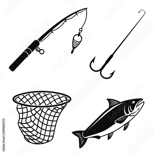 A collection of black and white silhouette icons representing fishing gear including a fishing rod with a bobber and bait cage a fishing hook a fishing net and a fish