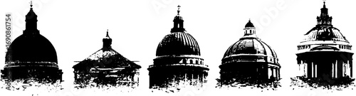 Grunge black and white ornate building silhouettes for urban design and decor