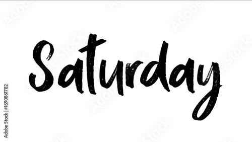 A handwritten text graphic of the word "Saturday" in black on a white background.