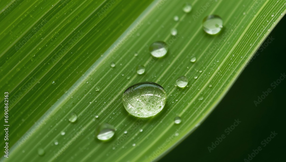 Fototapeta premium Emerald Leaf Adorned with Crystalline Spheres, Revealing Delicate Textures, A Visual Symphony.