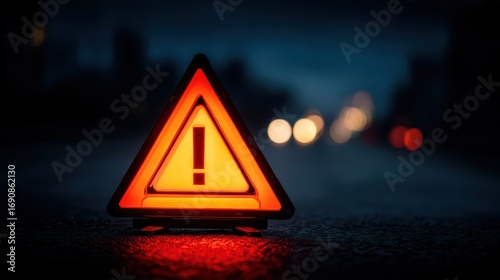 A bright red warning triangle with an exclamation mark stands on a dark road, illuminated by blurred headlights in the background