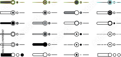 A diverse collection of vector UI slider and toggle switch elements. Set of user interface control graphic assets for web and app design