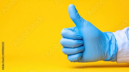 A hand wearing a blue medical glove gives a thumbs-up gesture against a bright yellow background