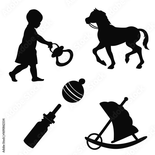 Collection of black silhouette icons representing baby items and toys including a child with a pacifier a rocking horse a rattle a baby bottle and a rocking chair