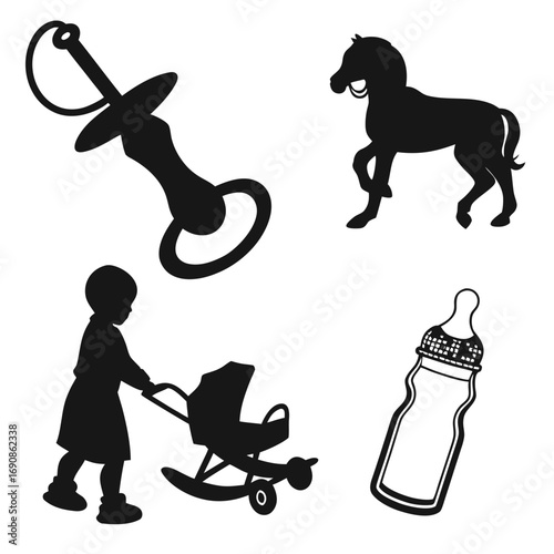 Collection of black silhouettes representing baby items including a pacifier a toy horse a child pushing a baby carriage and a baby bottle on a white background