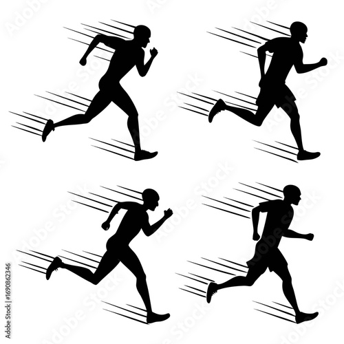 Dynamic black silhouette of four male runners in motion with speed lines conveying speed and athleticism against a white background