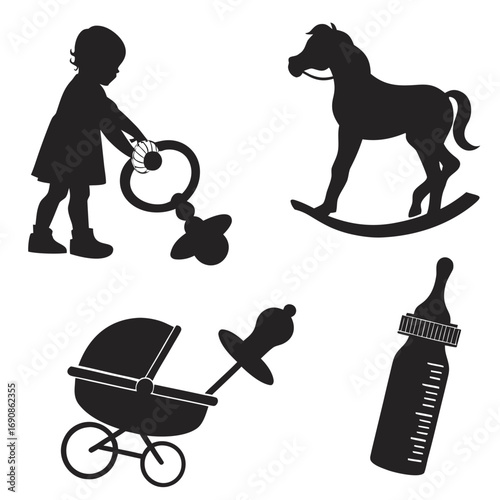 Collection of baby and toddler silhouette icons including a child playing with a rattle a rocking horse a baby carriage with a pacifier and a baby bottle on a white background