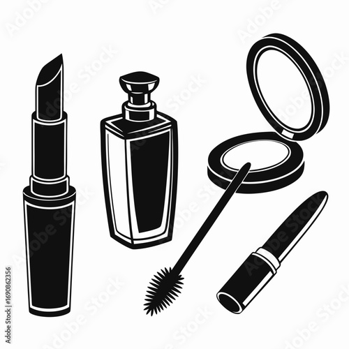 A collection of black and white graphic illustrations of essential makeup products including lipstick perfume bottle compact powder and mascara wand and tube on a white background