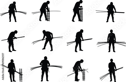 Construction worker silhouettes handling rebar, bending, lifting, carrying, and assembling reinforcement steel bars, black industrial vector illustration for building site, structure reinforcement