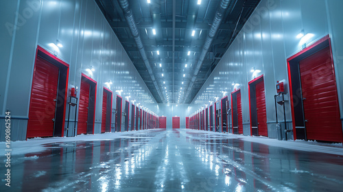 Modern industrial cold storage warehouse with red doors and reflective wet floor showing refrigerated facility for food distribution and temperature controlled logistics