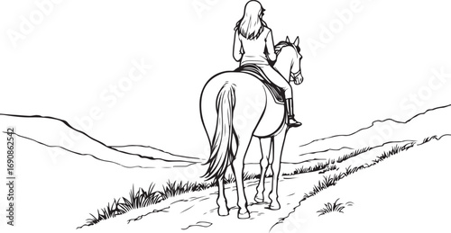 "Girl Riding Horse Sketch – Minimalist Black and White Countryside Equestrian Line Art Drawing"