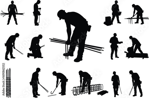 Construction worker silhouettes cutting, bending, carrying, and assembling rebar, black vector illustration for reinforcement steel, construction labor, building site work, and industrial projects