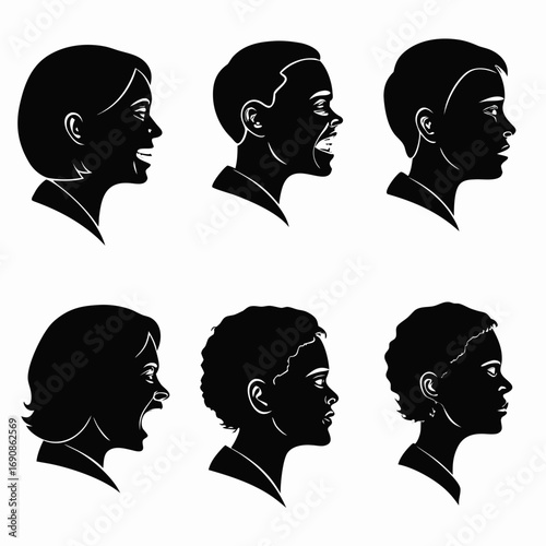 Diverse group of six children s silhouettes in profile showcasing a range of expressions from joy and laughter to serious contemplation and surprise representing youth and individuality