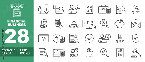Financial Business line icon set. Editable stroke icons for Financial Business. Containing financial transaction, document audit, financial report, business finance, mobile accounting, online analytic