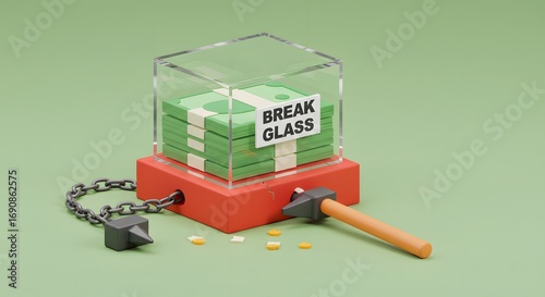 Broken Glass Money Box with Chains and Hammer on Green Background