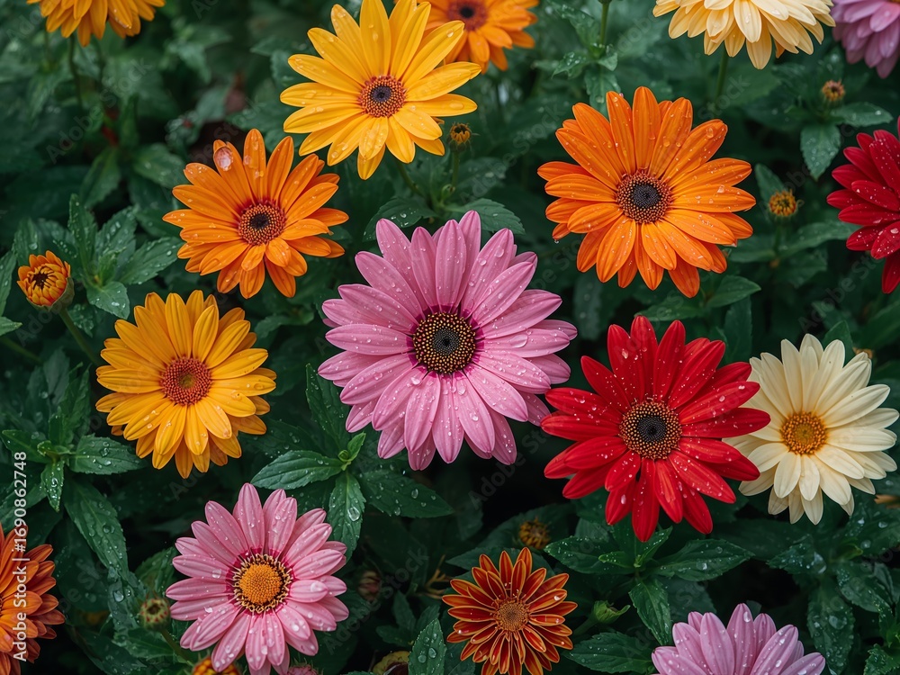 Fototapeta premium Floral Abstraction with Water Droplets, Vivid Color Palette, and Organic Textures.