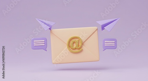 Digital Email Communication Illustration with Envelope at Symbol and Chat Bubbles in Soft Purple and Beige Colors