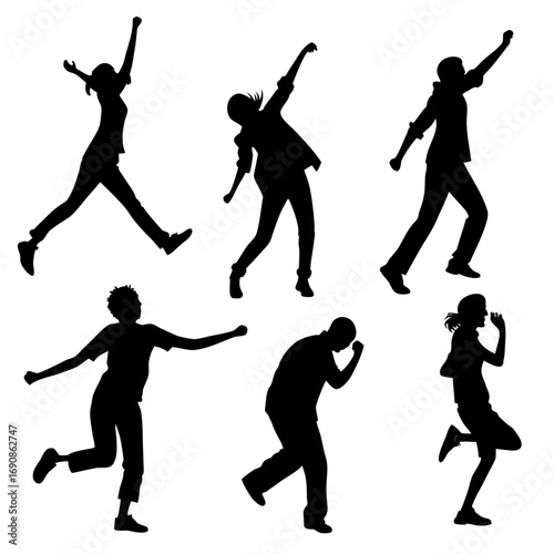 Dynamic silhouettes of diverse individuals in energetic poses capturing movement and celebration against a clean white background
