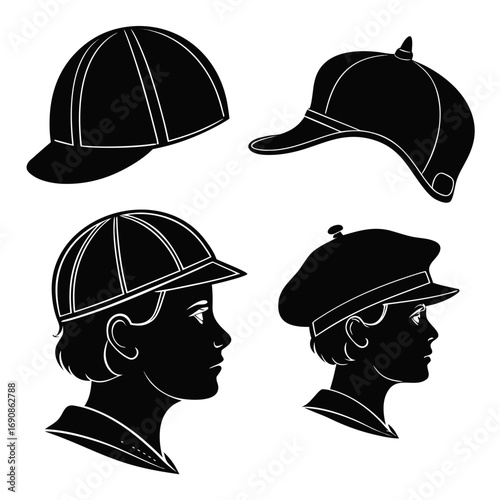 Collection of four black silhouette headwear designs including a jockey cap a riding helmet and two vintage style caps worn by profile silhouettes of children