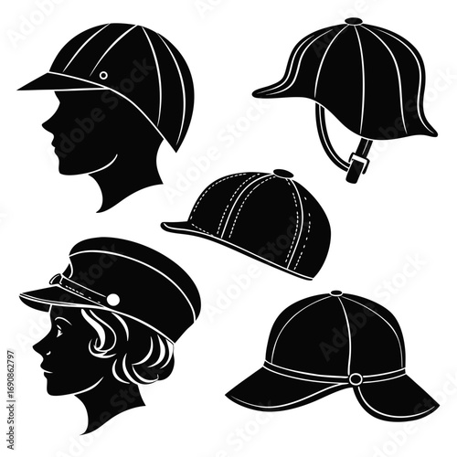 Collection of black silhouettes of various hats and helmets including riding helmets and caps for sports and fashion against a white background