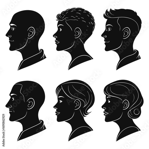 Collection of six diverse human head profile silhouettes showcasing various hairstyles and genders against a clean white background representing individuality and diversity