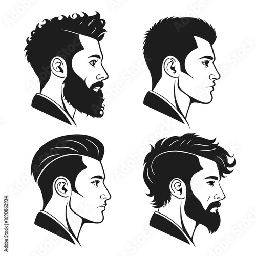 Collection of four stylized black and white profile illustrations of diverse men s hairstyles and beard styles showcasing modern grooming trends and classic masculine aesthetics